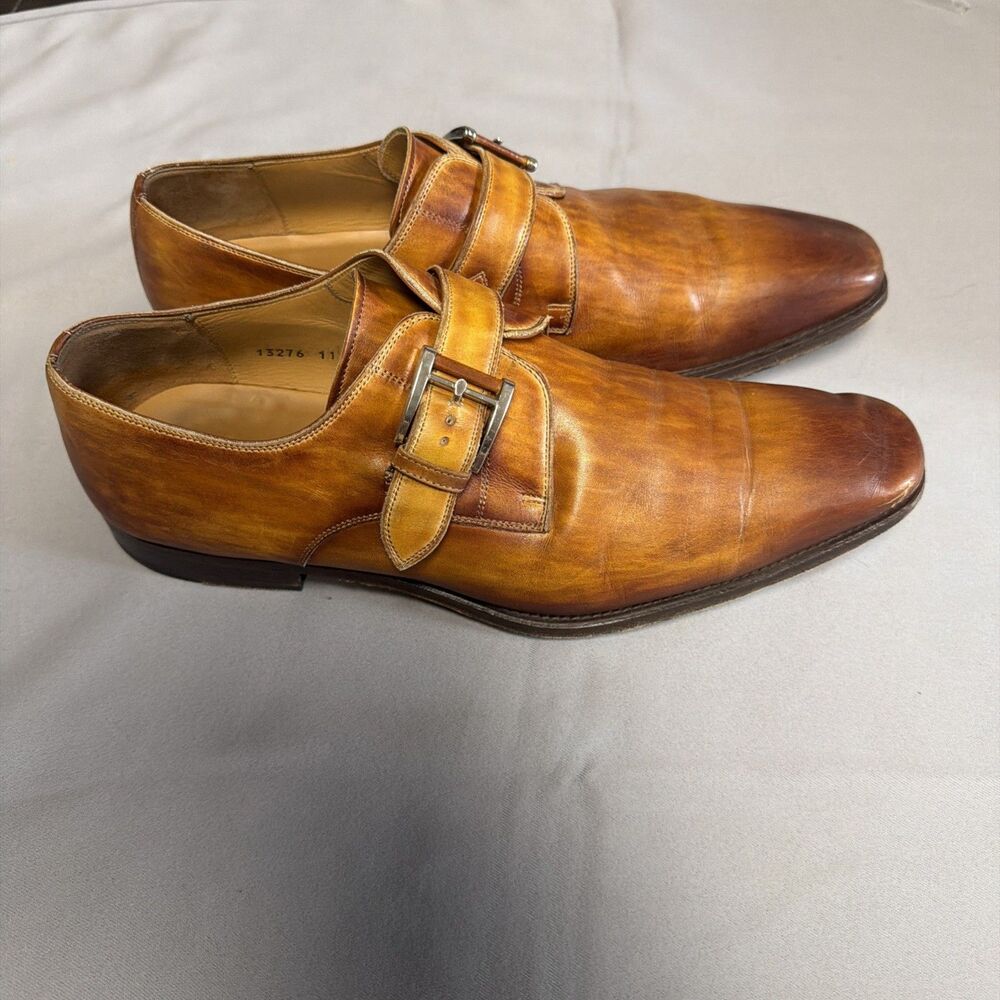 Magnanni Men’s Monk Strap 11 W Light Brown Burnished Leather Dress Shoes